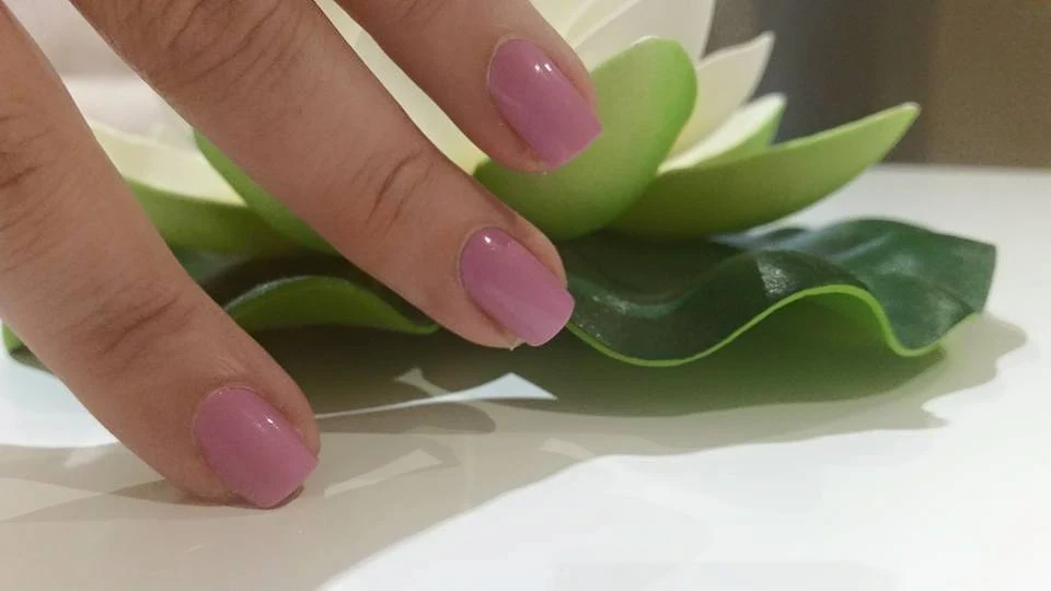 Shellac nails: glossy pale-pink finish on a client's hand resting on a green leaf