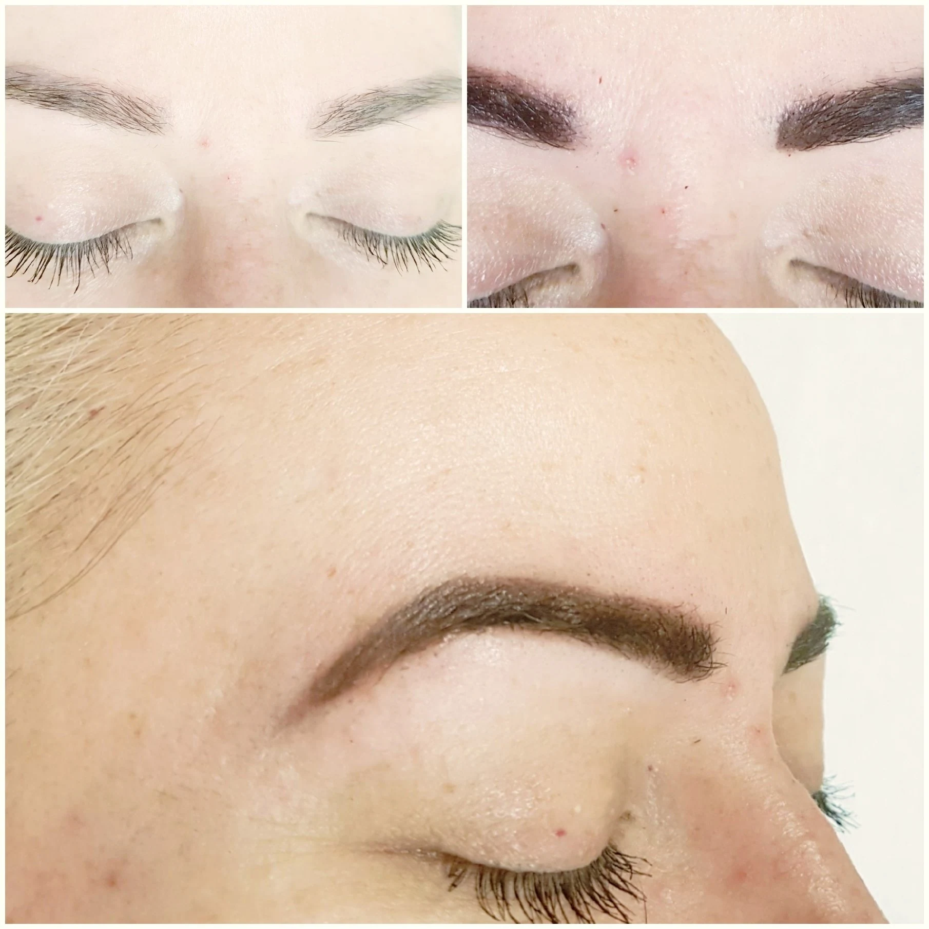 Brow henna: sparse untinted brows, defined tinted result, and a close-up of one finished arch