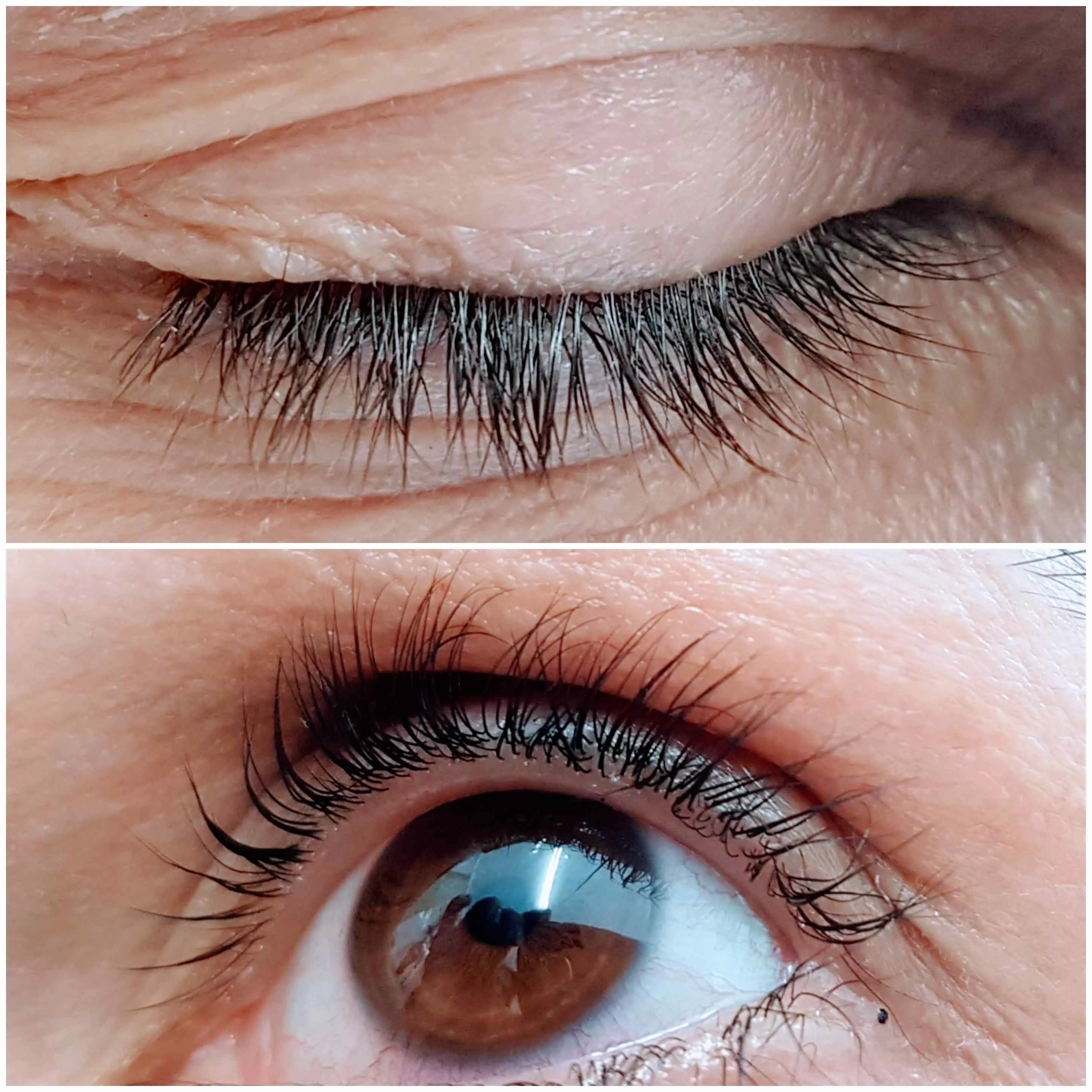 Lash lift before and after: straight downward lashes above, lifted and tinted lashes below, brown iris sharp