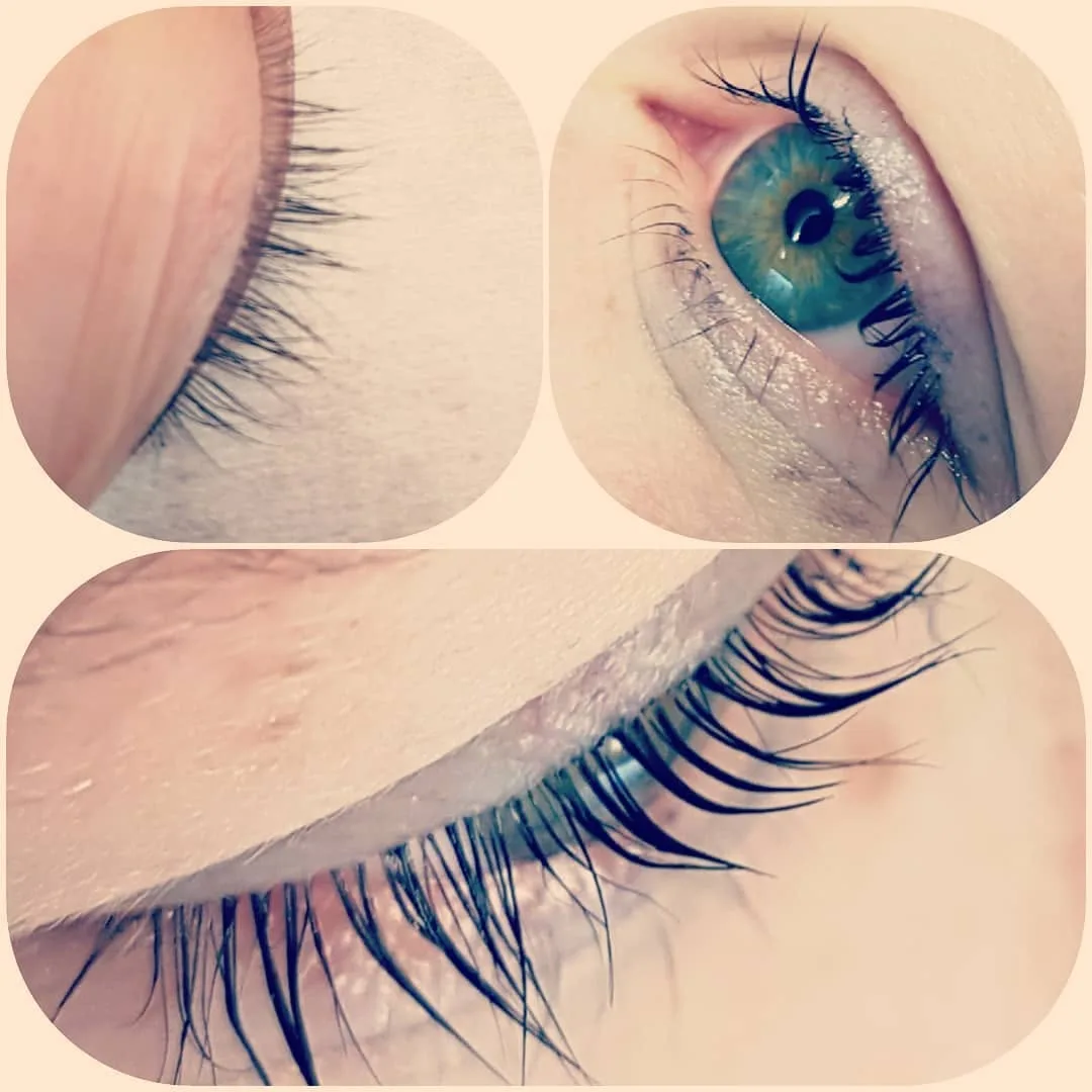 Lash lift and tint macro: lashes curled on a peach ground, teal iris close-up